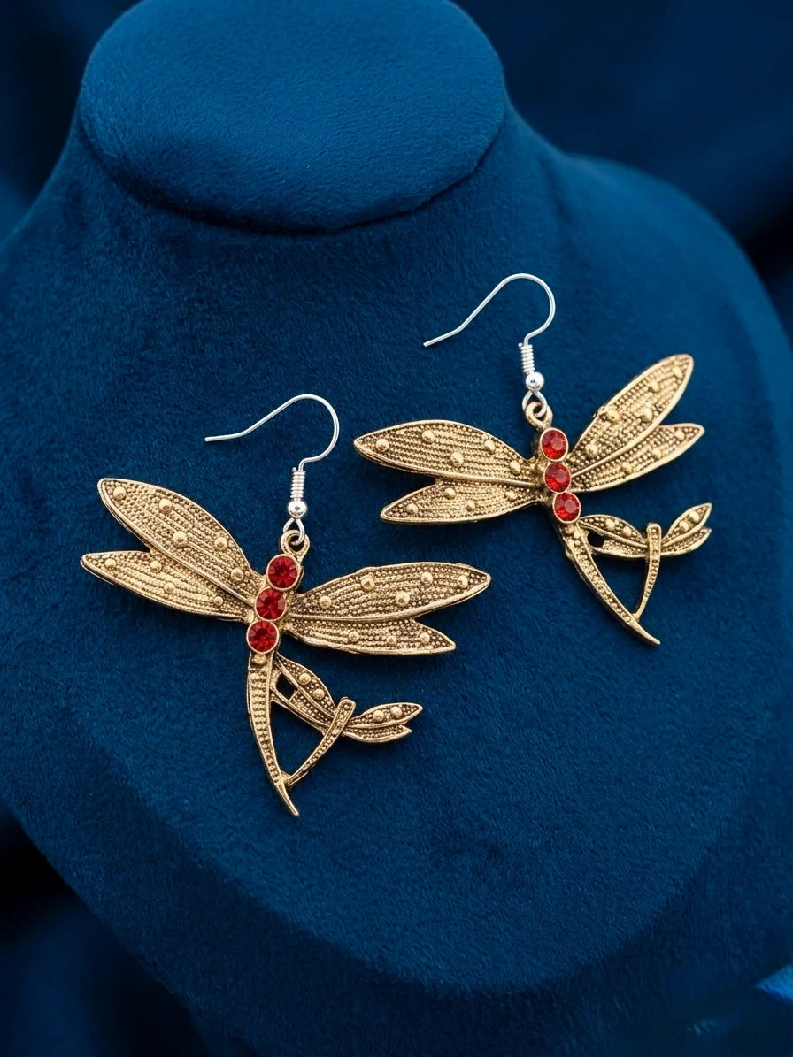 Dragonfly Earrings with Red Crystal Accents - Ornate Filigree Statement Jewelry
