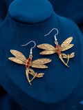 Dragonfly Earrings with Red Crystal Accents - Ornate Filigree Statement Jewelry