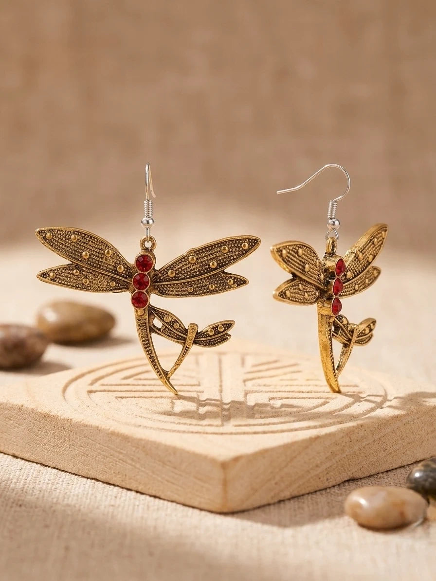 Dragonfly Earrings with Red Crystal Accents - Ornate Filigree Statement Jewelry – view 3