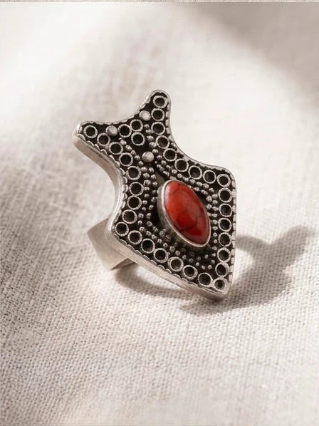 Handcrafted Moroccan Filigree & Coral Ring statement- Adjustable