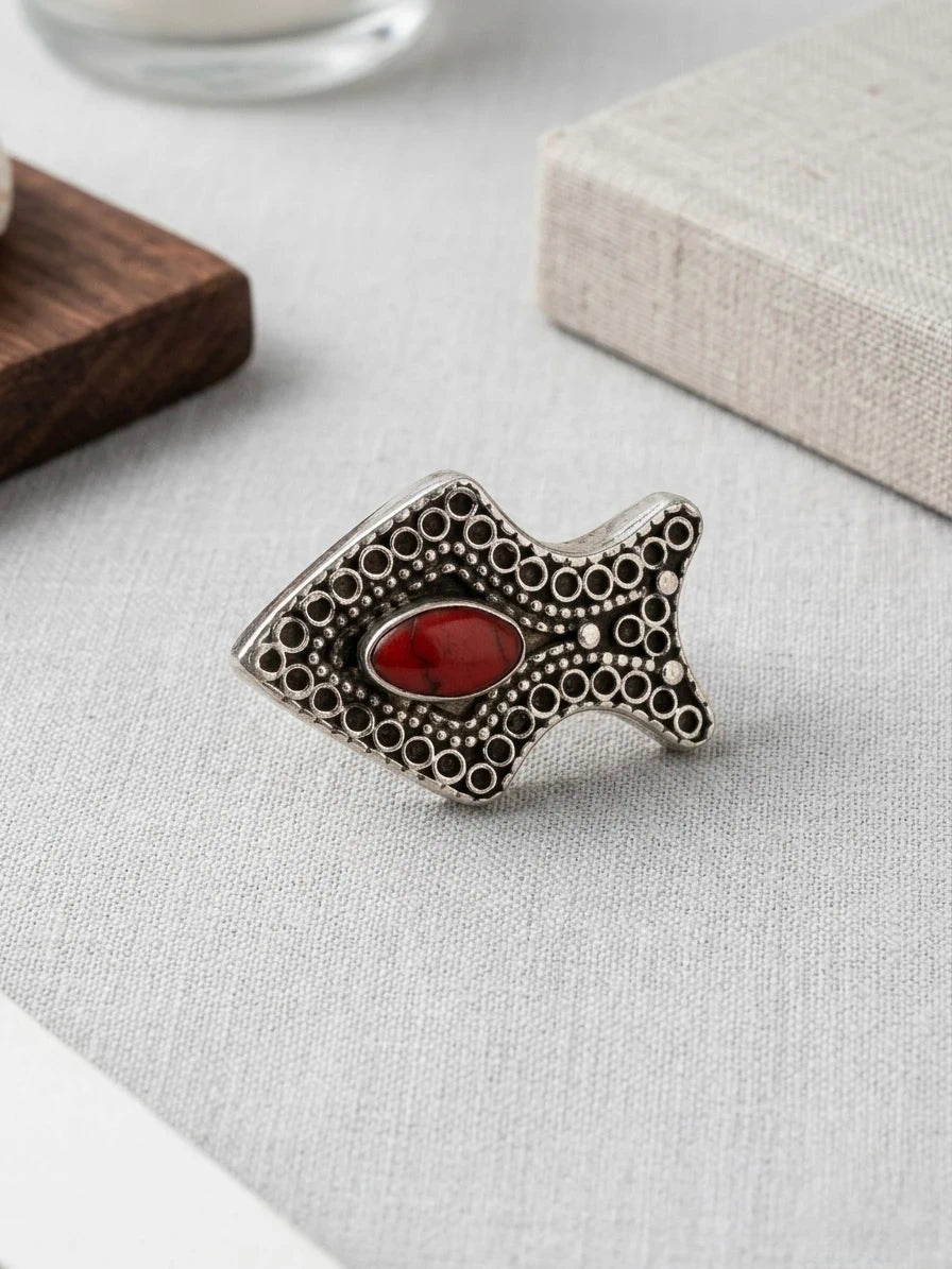 Handcrafted Moroccan Filigree & Coral Ring statement- Adjustable – view 3