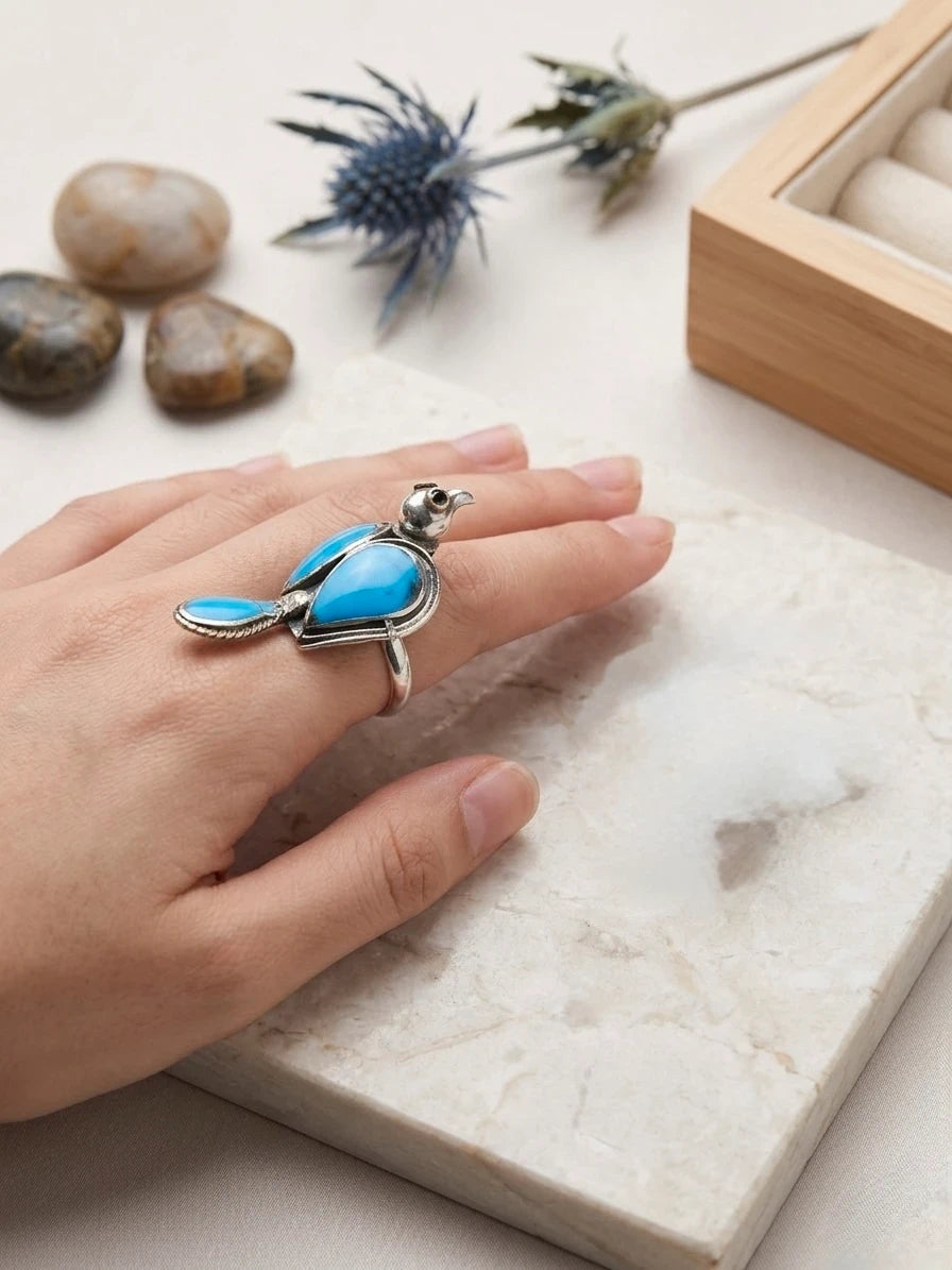 Oxidised Turquoise Bird Ring – view 3