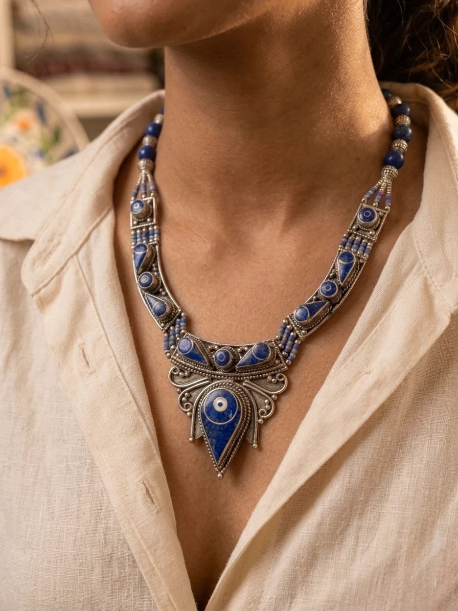 Exquisite Lapis Lazuli Tribal Statement Necklace – view 2
