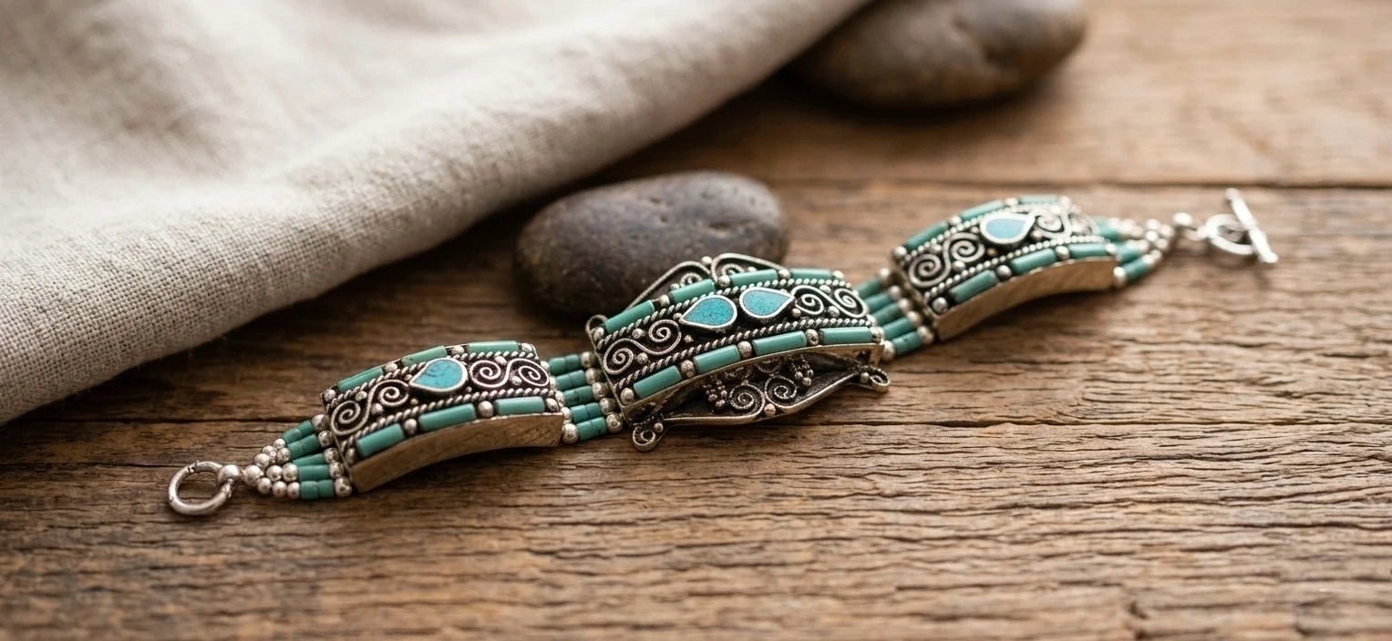 Bohemian Ethnic Turquoise Link Bracelet – view 3