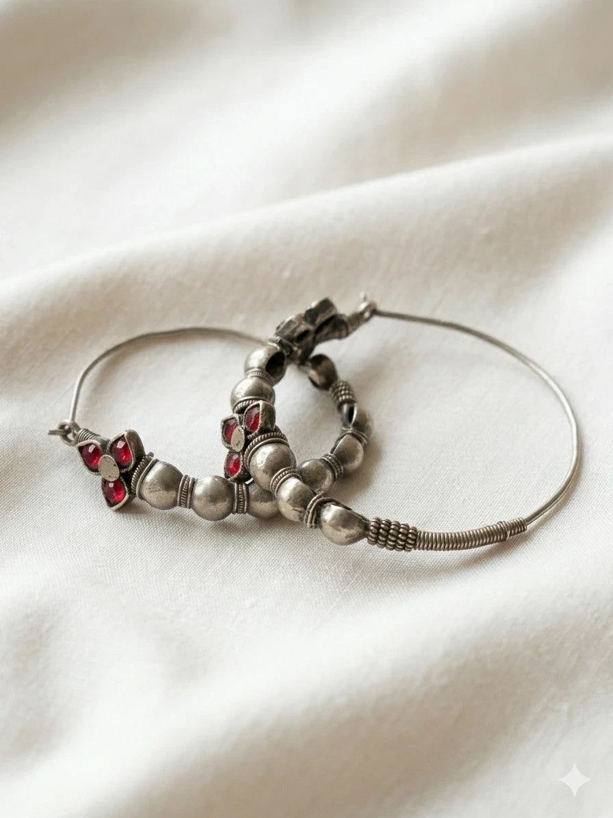 Vintage-Style Silver Hoops with Red Stone Detail