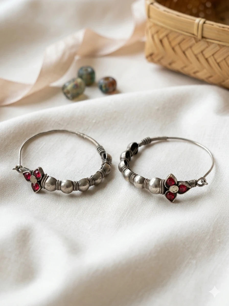 Vintage-Style Silver Hoops with Red Stone Detail – view 2