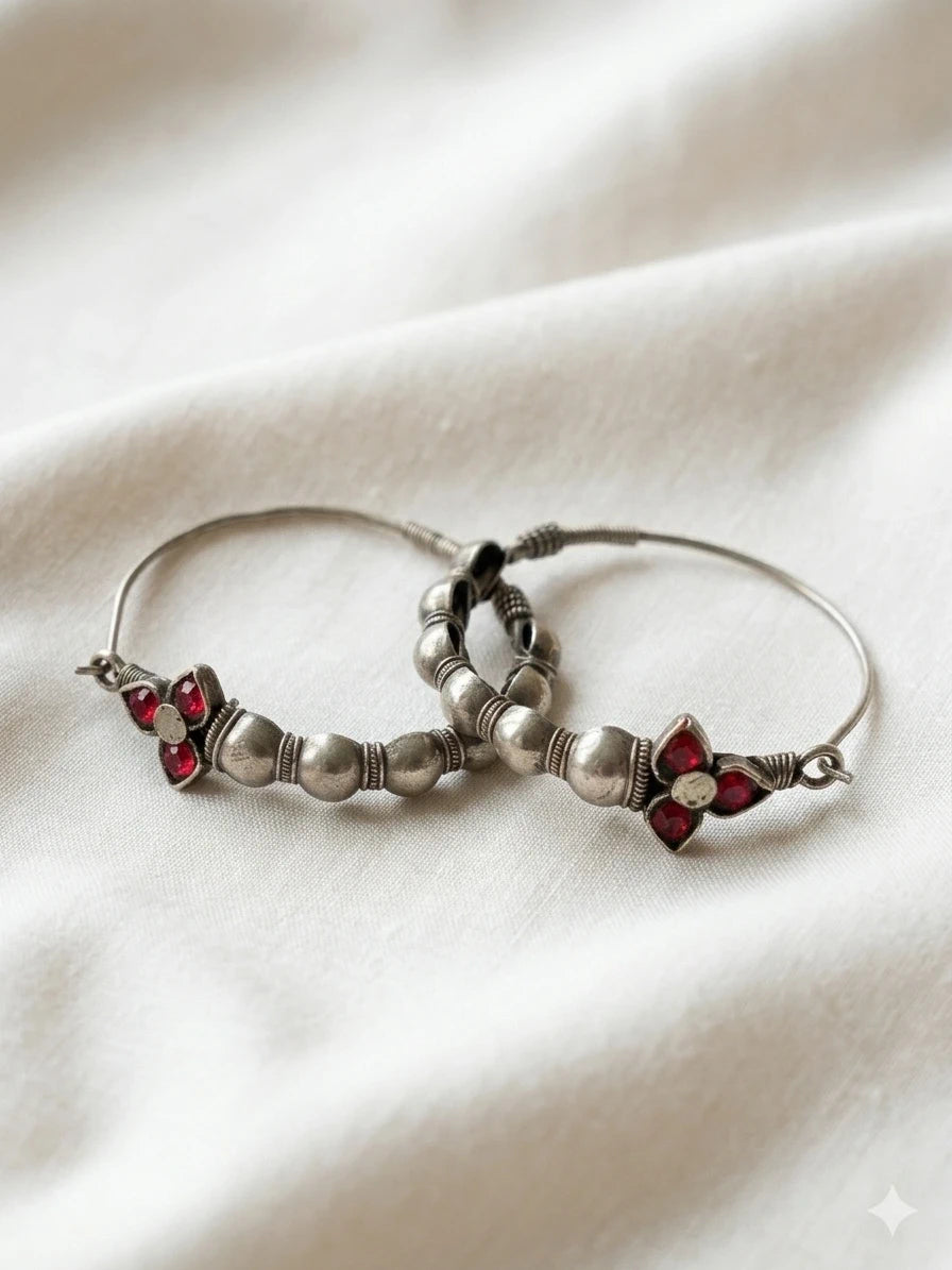 Vintage-Style Silver Hoops with Red Stone Detail – view 3