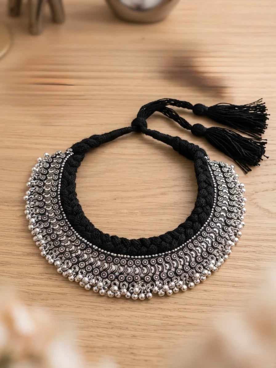 Adjustable Oxidized Silver & Black Thread Statement Necklace – view 3