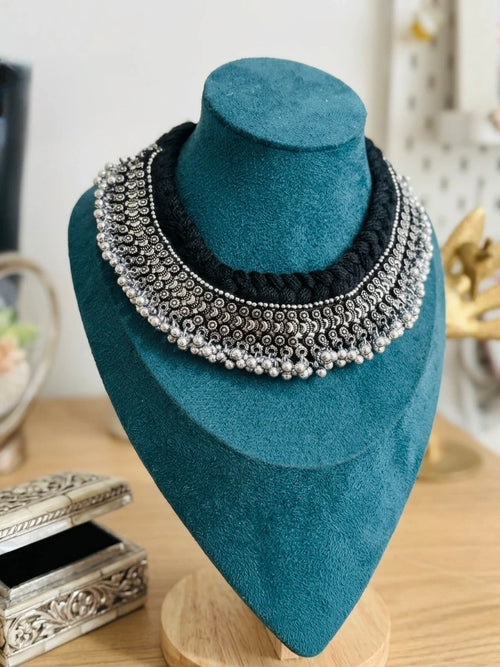 Adjustable Oxidized Silver & Black Thread Statement Necklace – view 2
