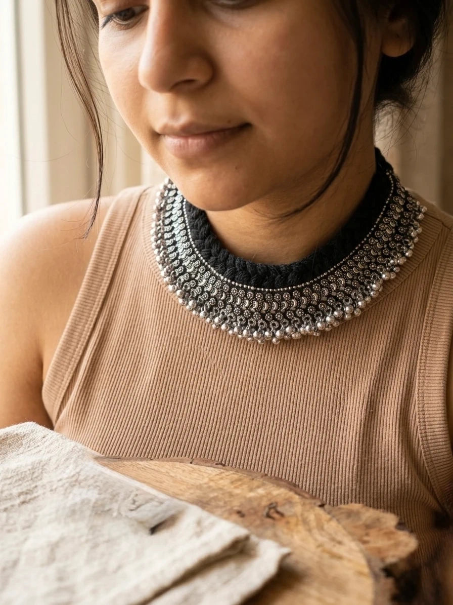 Adjustable Oxidized Silver & Black Thread Statement Necklace