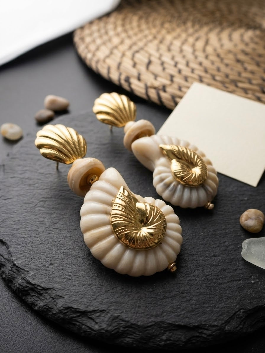 Carved Shell & Gold Scallop Statement Earrings