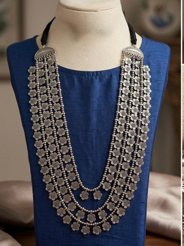 Vintage-Style Oxidised Floral Layered Necklace