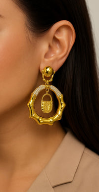 Bamboo Hoop Earrings with Lock Charm – Luxury Statement Jewelry