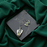 Boho kali Mata Tribal Pendant & Earring Set – Silver & Green