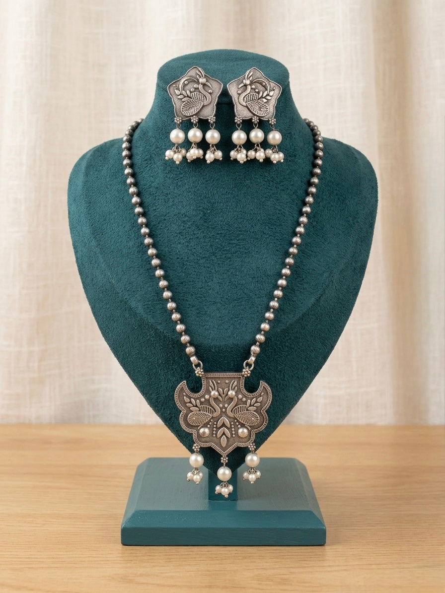 Oxidized Statement Peacock Necklace & Earring Set