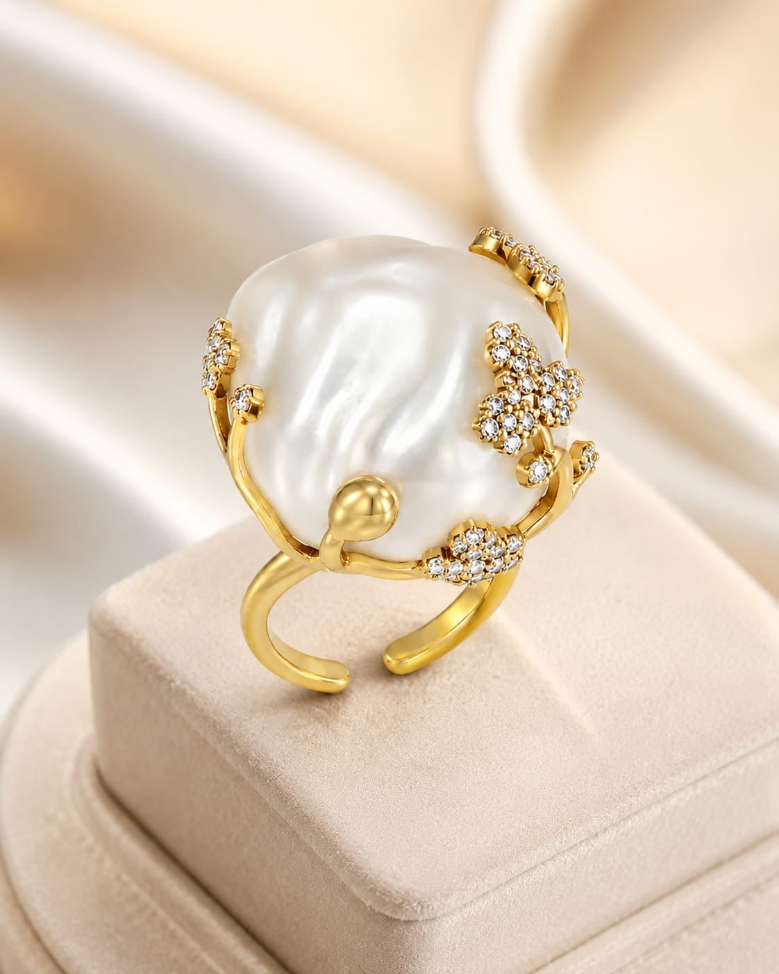 Statement Fresh Water Pearl & Crystal Floral Ring – Adjustable