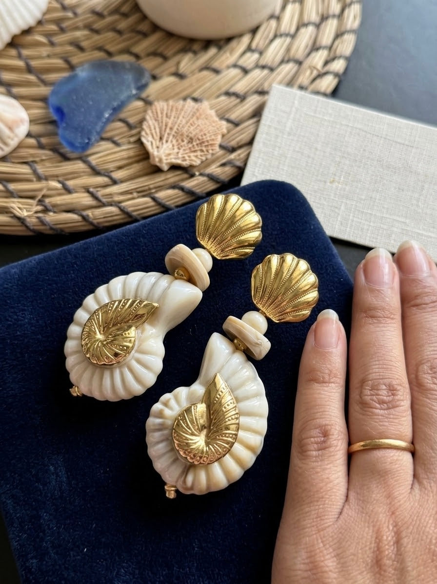 Carved Shell & Gold Scallop Statement Earrings