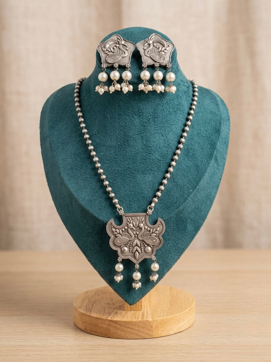 Oxidized Statement Peacock Necklace & Earring Set