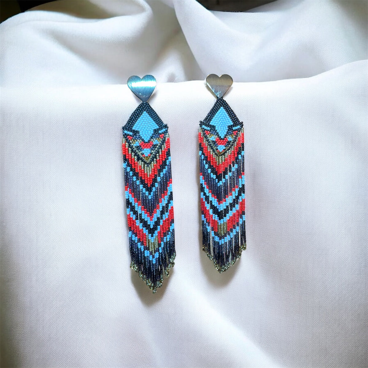 Handmade Beaded Fringe Earrings – Heart Stud Boho Statement Jewelry