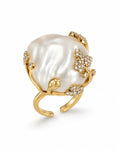 Statement Fresh Water Pearl & Crystal Floral Ring – Adjustable