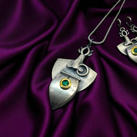 Boho kali Mata Tribal Pendant & Earring Set – Silver & Green