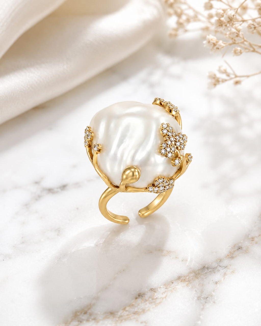 Statement Fresh Water Pearl & Crystal Floral Ring – Adjustable