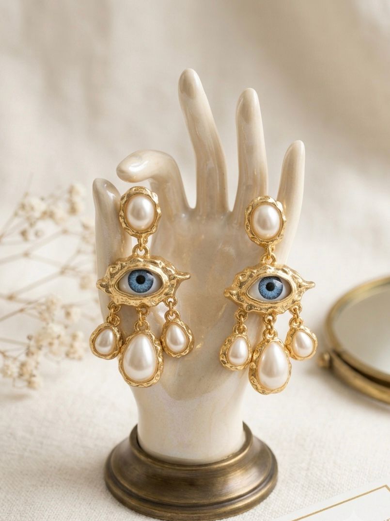 Evil Eye Ohrringe mit Perlen – Vintage Gold