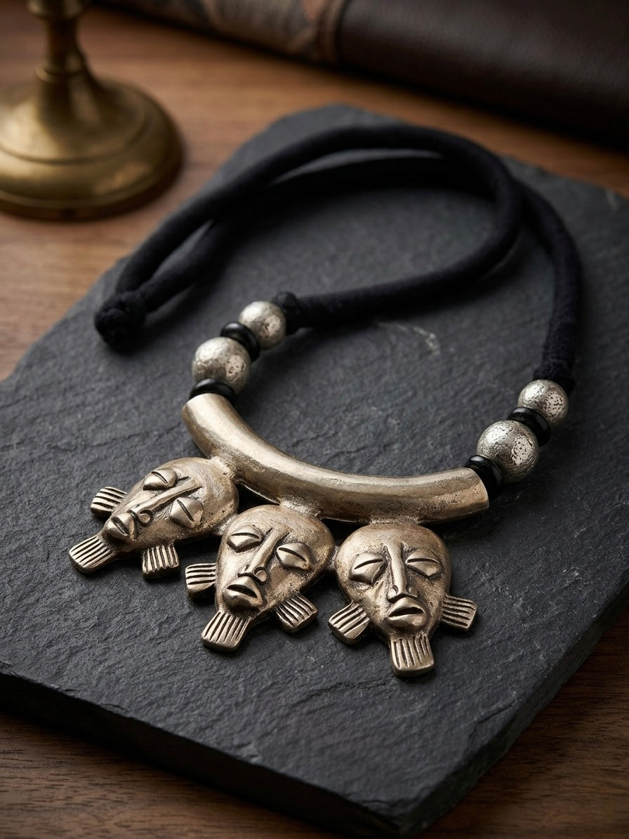 Tribal Mask Statement Necklace — Handmade Silver Boho Pendant on Adjustable Black Cord