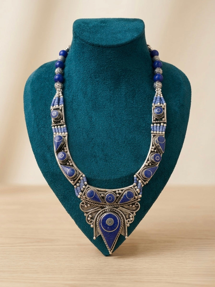 Lapis Lazuli Tribal Statement Necklace — Handmade Tibetan Silver Boho Jewellery
