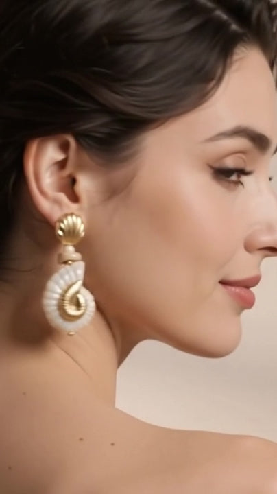 Carved Shell & Gold Scallop Statement Earrings