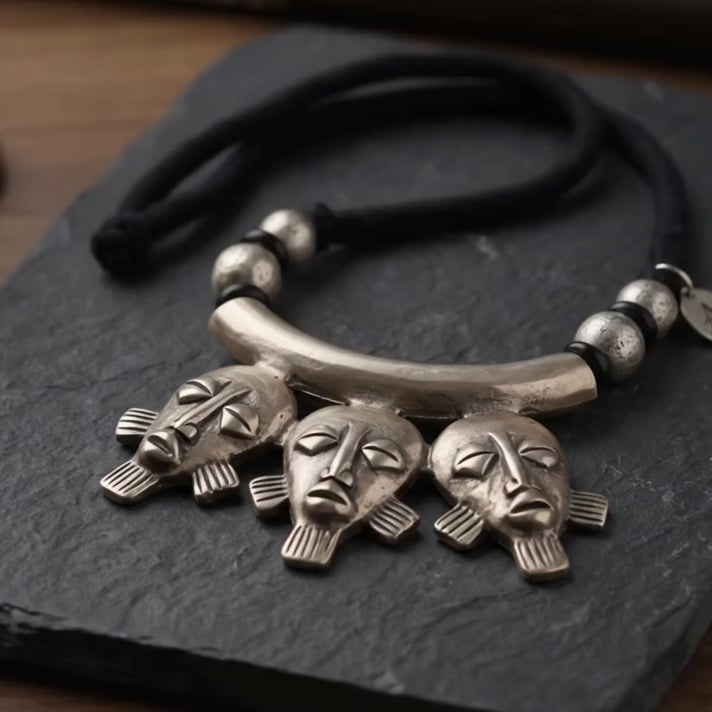 Tribal Mask Statement Necklace — Handmade Silver Boho Pendant on Adjustable Black Cord