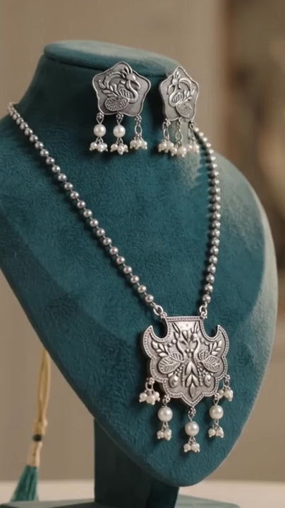 Oxidized Statement Peacock Necklace & Earring Set